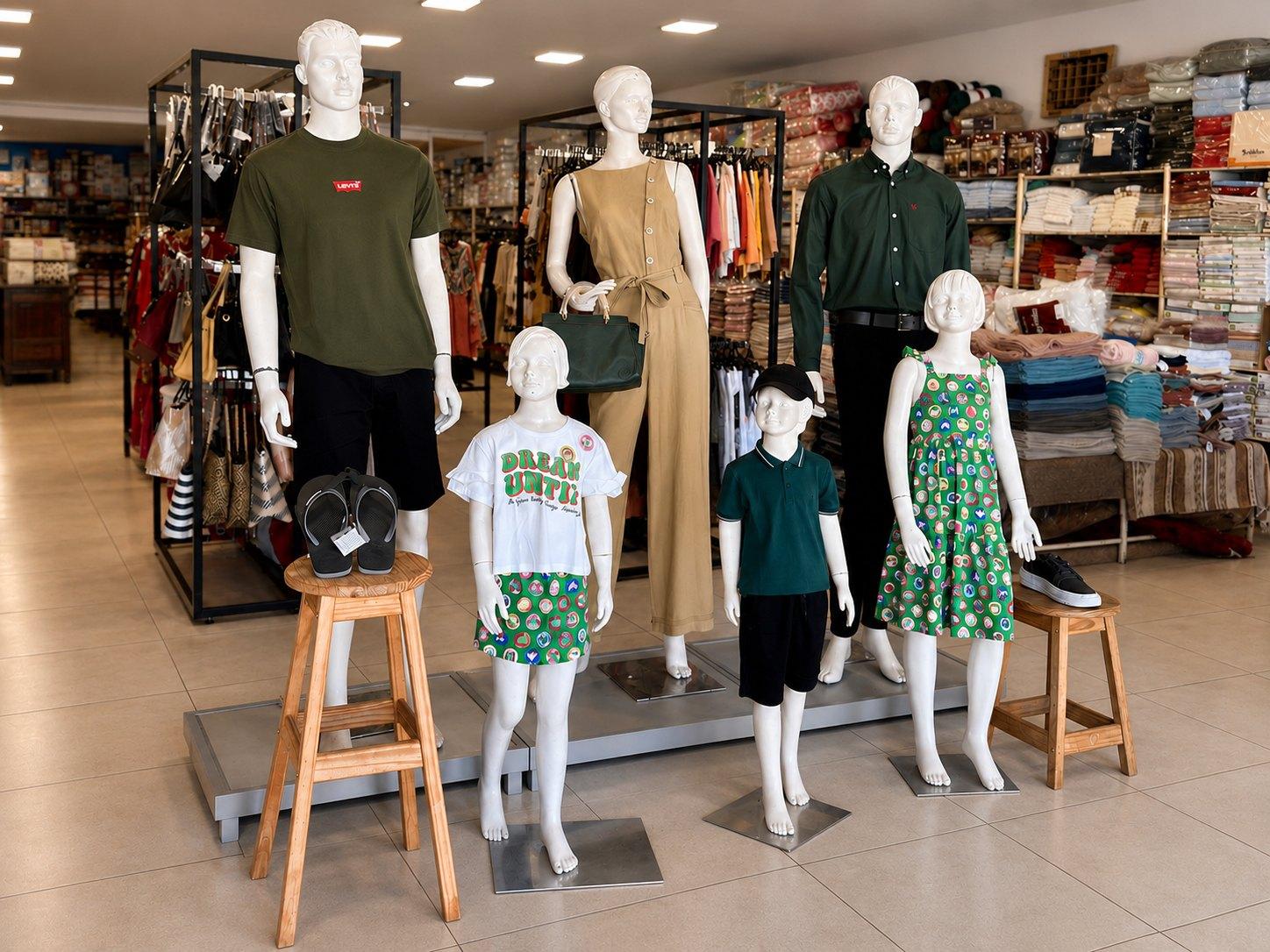 Interior da Casa Pereira: manequins adultos e infantis vestidos com peças da loja, diante de araras de roupas e prateleiras com tecidos e itens para o lar.